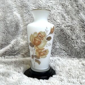 Vintage Frosted Glass Bud Vase Floral Orange Yellow Brown Flowers Gold 7 inches